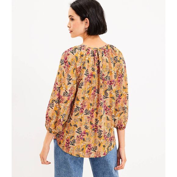 Loft Womens Floral Tie Neck Blouse in Amber Sz M Office Boho Casual Peasant Fall - Picture 11 of 16